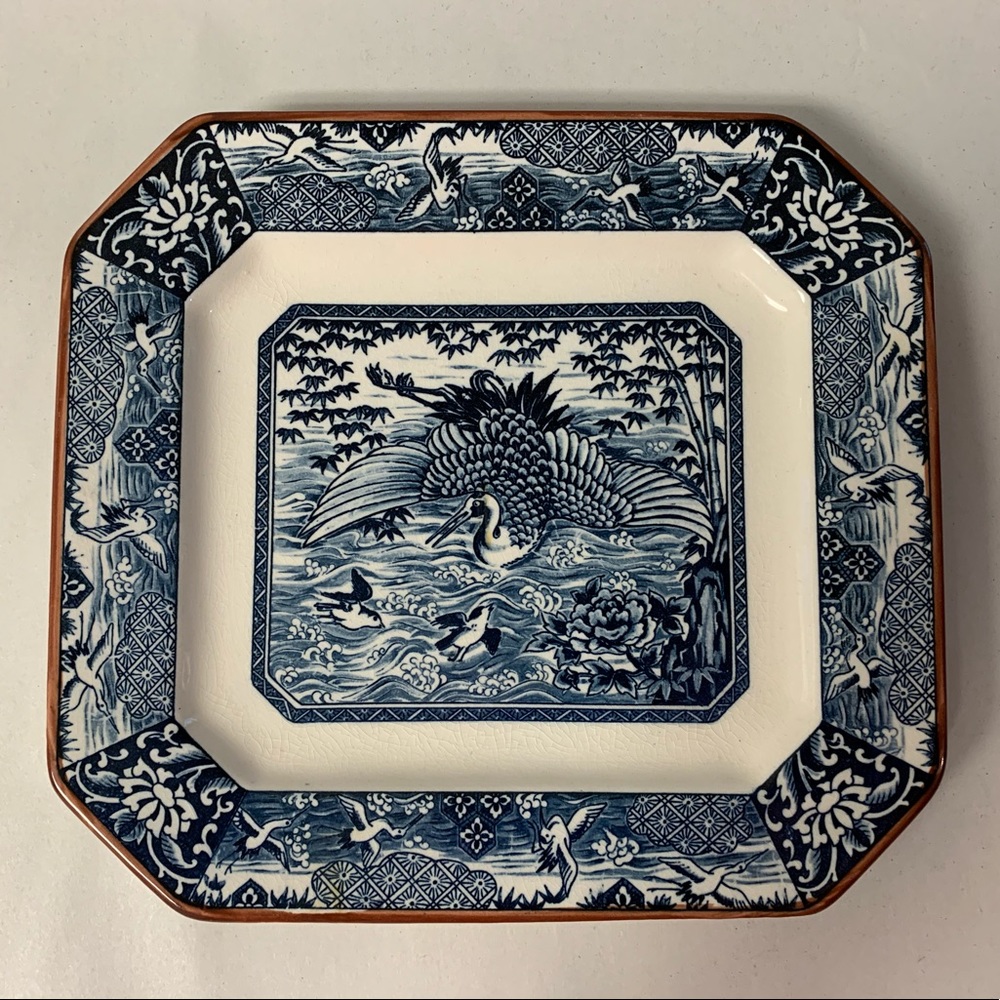 Vintage Octagonal Blue and White Asian Crane Plate